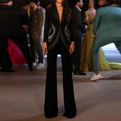 One Button Black Cut-out Embellished Blazer Pants Set Trousers Suit Pantsuit