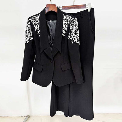 Tailored Black Pantsuit V-Neck Crystal Beaded Shoulder Formal Suit