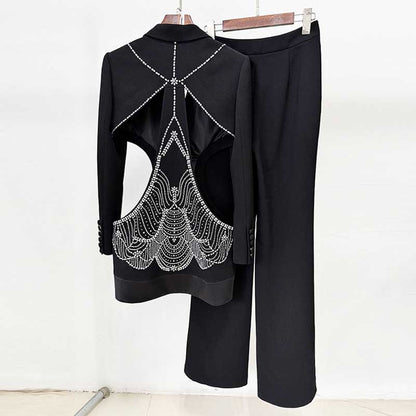 One Button Black Cut-out Embellished Blazer Pants Set Trousers Suit Pantsuit