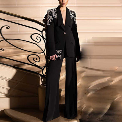 Tailored Black Pantsuit V-Neck Crystal Beaded Shoulder Formal Suit