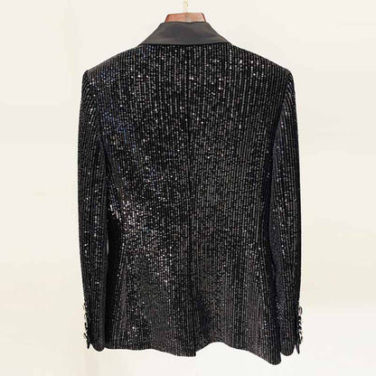Women Black Sequinned fitted Blazer + Mid-High Rise Flare Trousers Suit Pantsuit