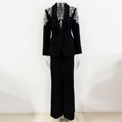 Tailored Black Pantsuit V-Neck Crystal Beaded Shoulder Formal Suit