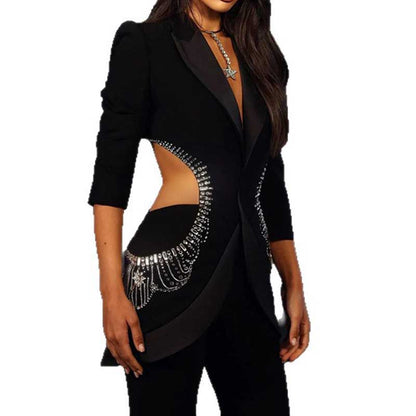 One Button Black Cut-out Embellished Blazer Pants Set Trousers Suit Pantsuit