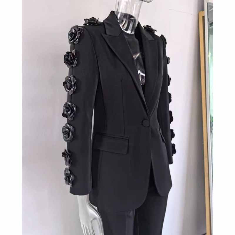 Women's Flower Embroidered Single Button Black Pantsuit