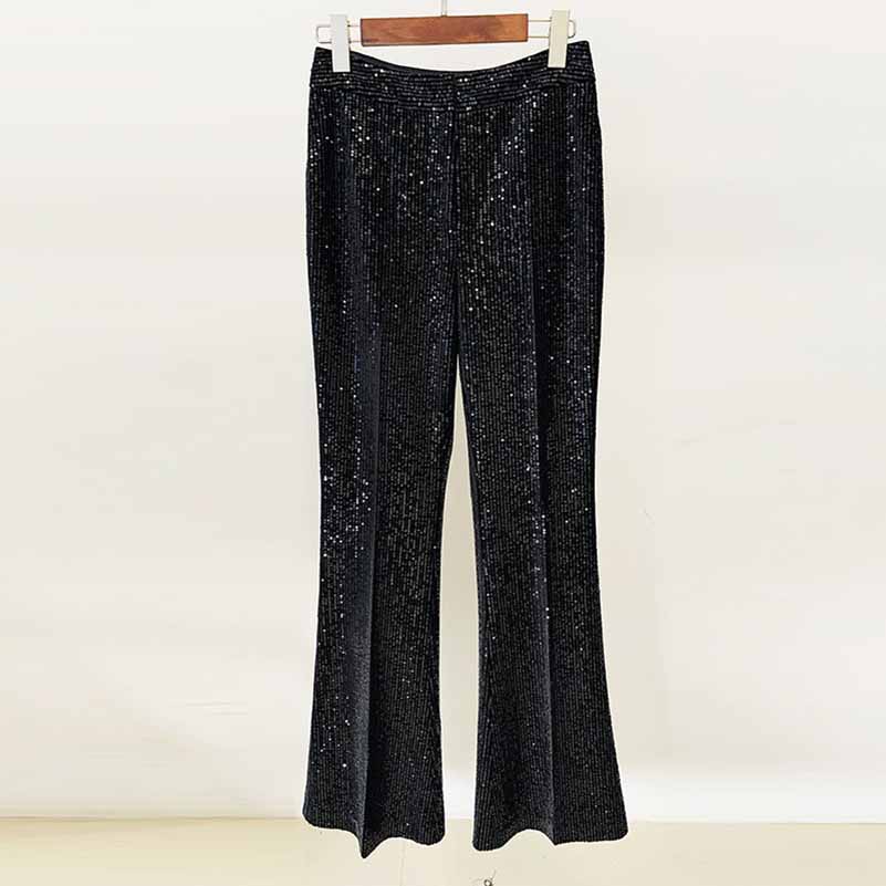 Women Black Sequinned fitted Blazer + Mid-High Rise Flare Trousers Suit Pantsuit