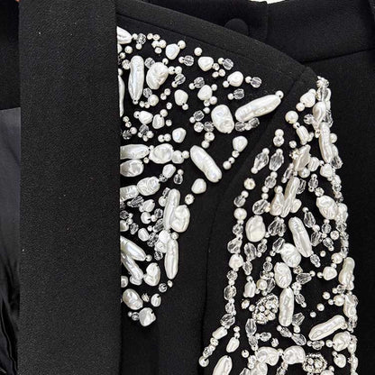 Tailored Black Pantsuit V-Neck Crystal Beaded Shoulder Formal Suit