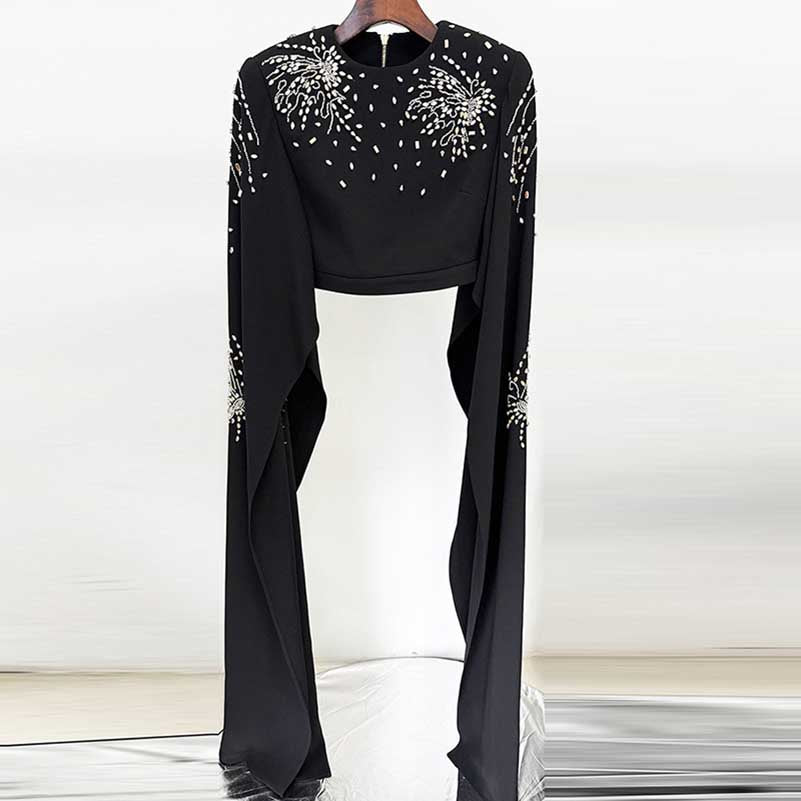 Beaded Bell-Sleeve Flared Pantsuit Black 2ps Cape Suit