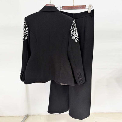 Tailored Black Pantsuit V-Neck Crystal Beaded Shoulder Formal Suit