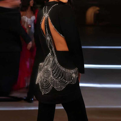 One Button Black Cut-out Embellished Blazer Pants Set Trousers Suit Pantsuit