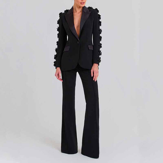 Women's Flower Embroidered Single Button Black Pantsuit