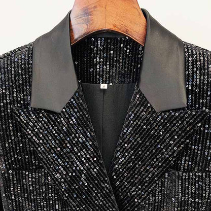 Women Black Sequinned fitted Blazer + Mid-High Rise Flare Trousers Suit Pantsuit