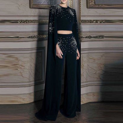 Beaded Bell-Sleeve Flared Pantsuit Black 2ps Cape Suit