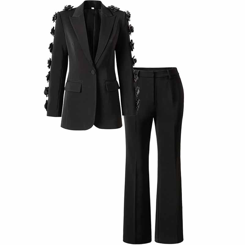 Women's Flower Embroidered Single Button Black Pantsuit