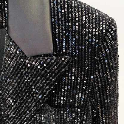 Women Black Sequinned fitted Blazer + Mid-High Rise Flare Trousers Suit Pantsuit
