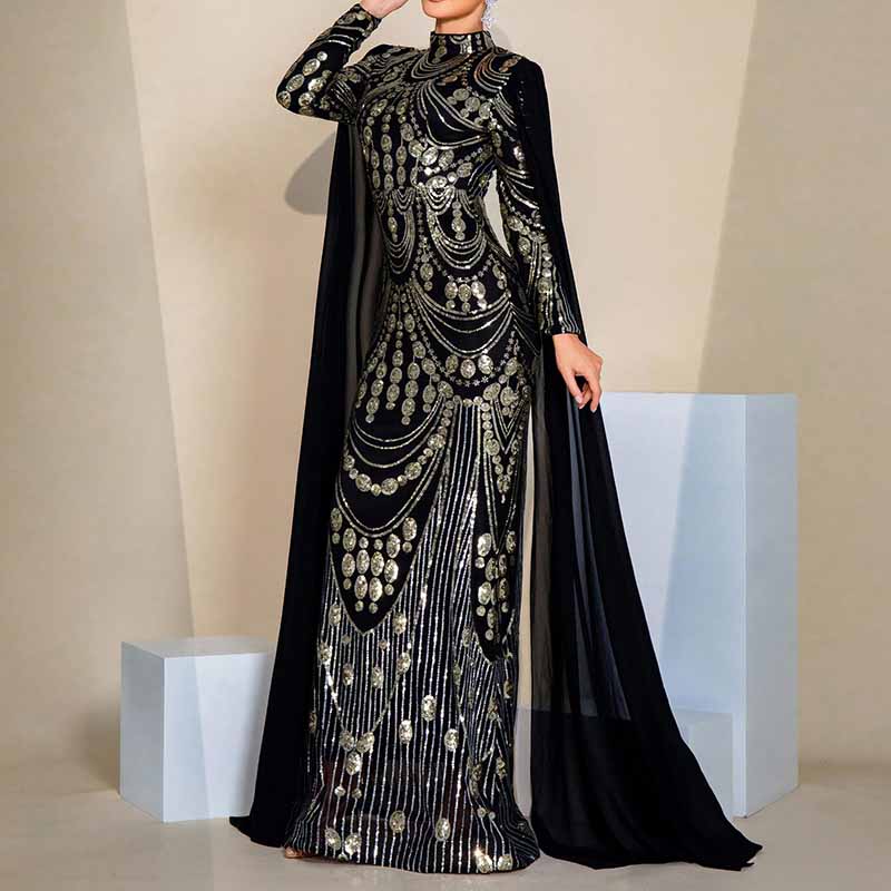Women's Stand Collar Cape Sleeves Prom Dress Black Sequin Wedding Dres  SD  Dresscode & Fashiontrends
