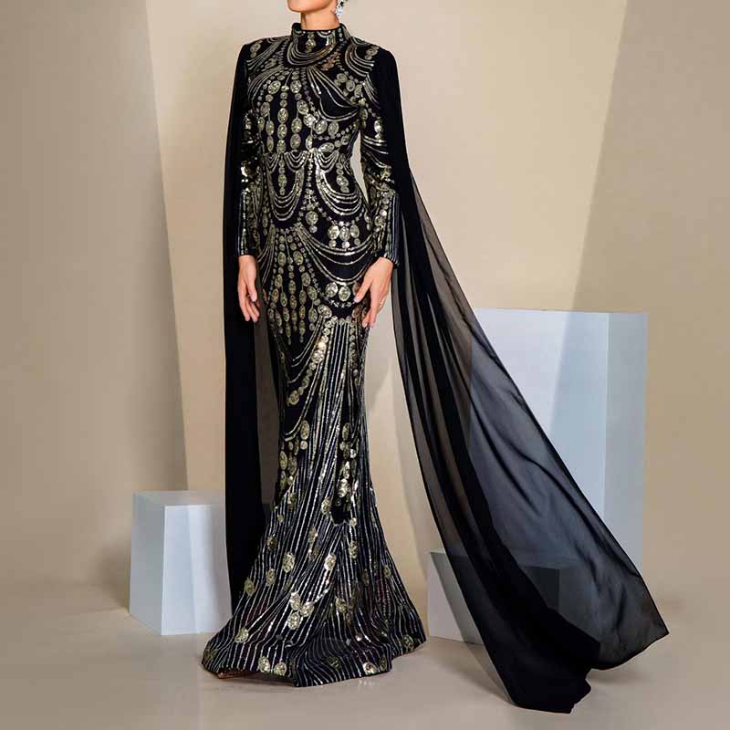 Women's Stand Collar Cape Sleeves Prom Dress Black Sequin Wedding Dress