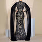 Women's Stand Collar Cape Sleeves Prom Dress Black Sequin Wedding Dress