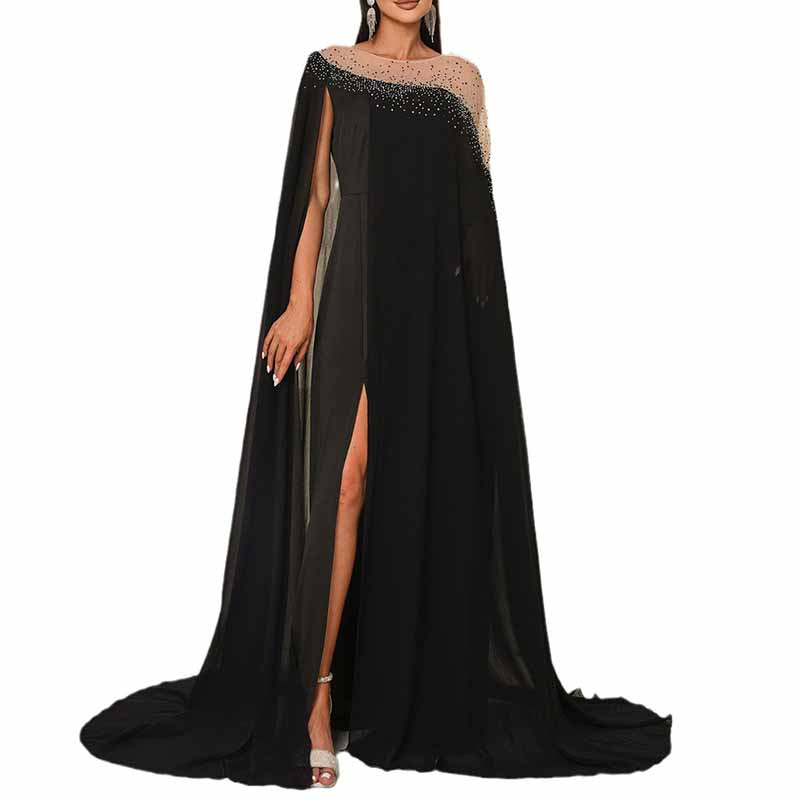 Cape Js Prom Side Cape Sleeves Gown Black Long Prom Dress – SD Dresscode & Fashiontrends