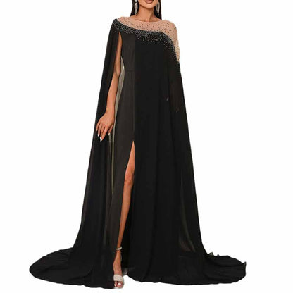 Cape Sleeves Gown Black Long Prom Dress