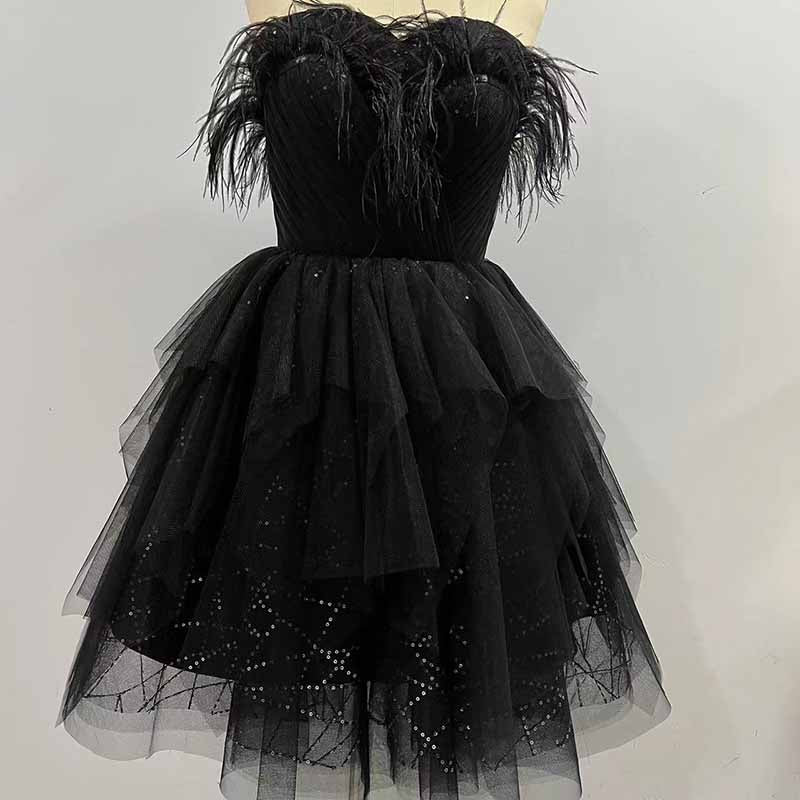 Black Feather Homecoming Dresses Short Black Sweetheart Prom Homecomin