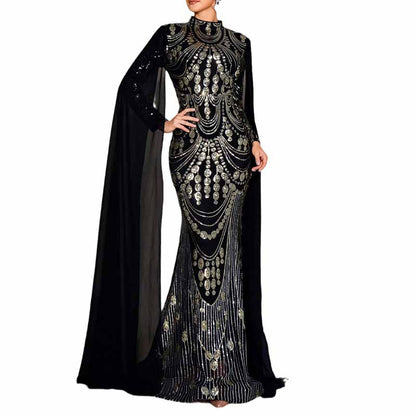 Women's Stand Collar Cape Sleeves Prom Dress Black Sequin Wedding Dress