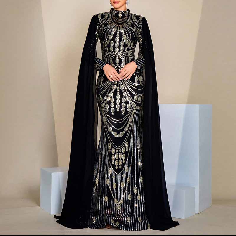 Women's Stand Collar Cape Sleeves Prom Dress Black Sequin Wedding Dress