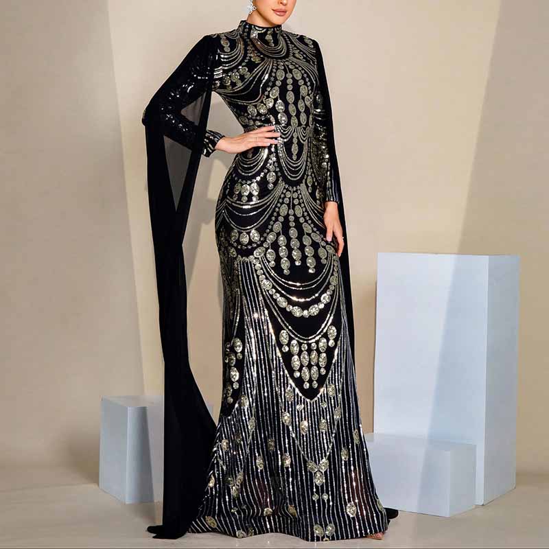Women's Stand Collar Cape Sleeves Prom Dress Black Sequin Wedding Dres SD Dresscode & Fashiontrends Women's Stand Collar Cape Sleeves Prom Dress Black Sequin Wedding Dres SD Dresscode & Fashiontrends