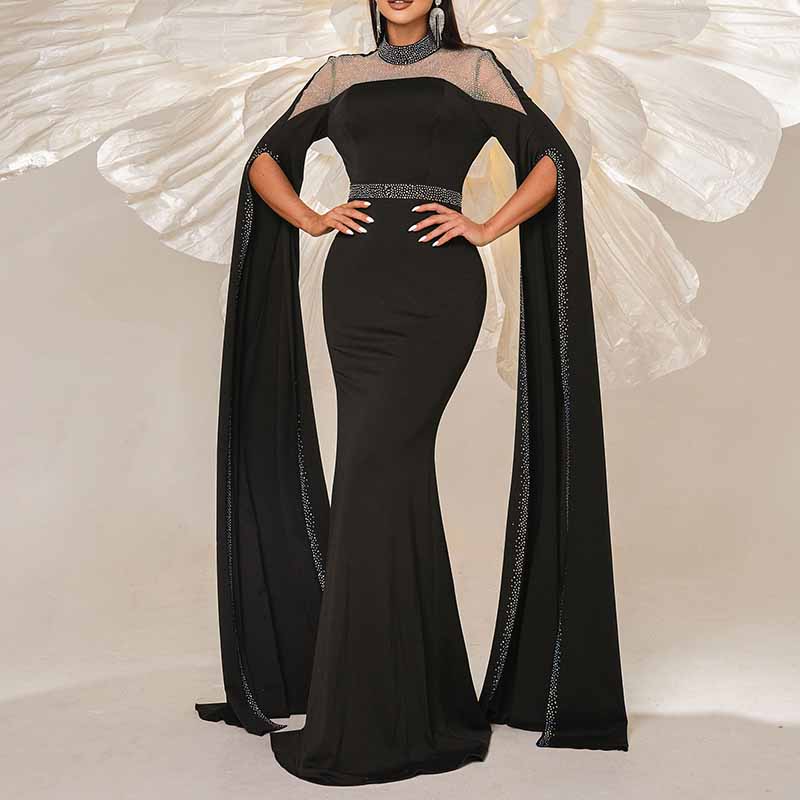 Cape Sleeves Black Evening Dress Long Prom Dress Event Dress – SD