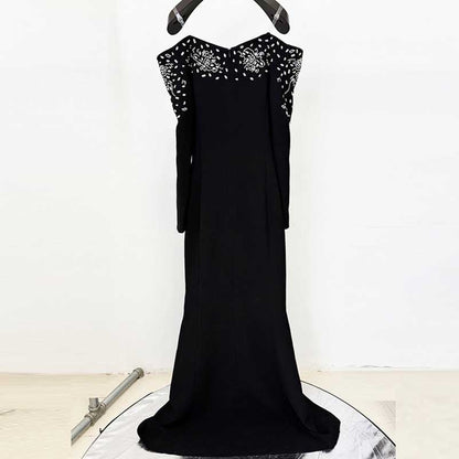 Womens Off-The-Shoulder Black Beaded Long Prom Dress Mermaid Ball Gown