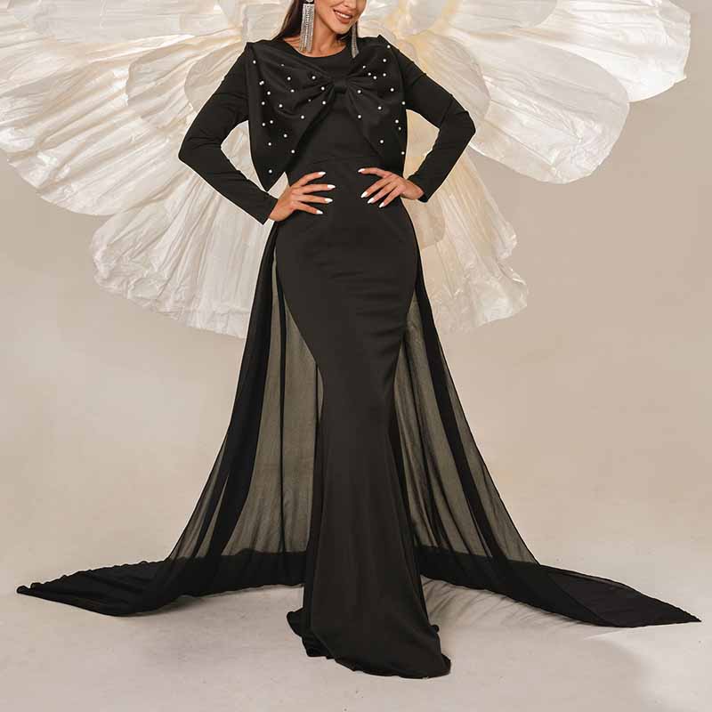 Long Sleeve Black Prom Dress Bow Embellished Evening Gown Event Dress