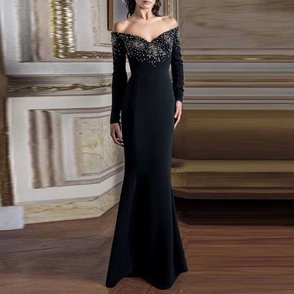 Womens Off-The-Shoulder Black Beaded Long Prom Dress Mermaid Ball Gown