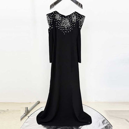 Womens Off-The-Shoulder Black Beaded Long Prom Dress Mermaid Ball Gown