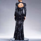 Women Sparkly Black Sequined Long Sleeve Prom Dress Ball Gowns