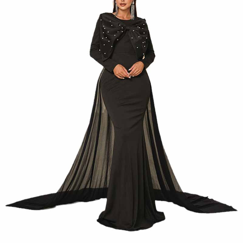 Long Sleeve Black Prom Dress Bow Embellished Evening Gown Event Dress