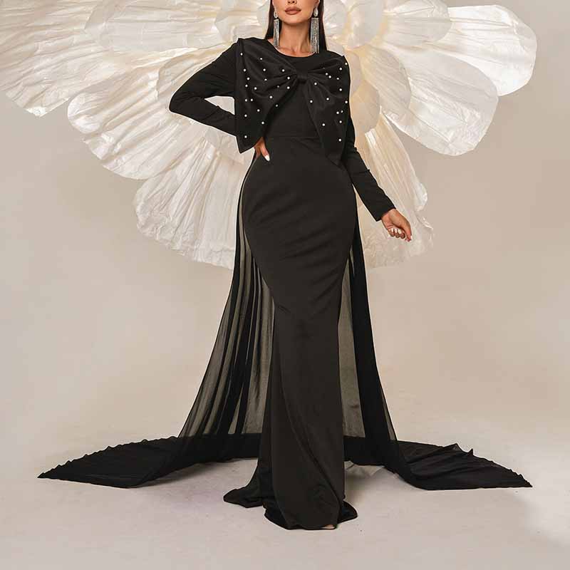 Long Sleeve Black Prom Dress Bow Embellished Evening Gown Event Dress