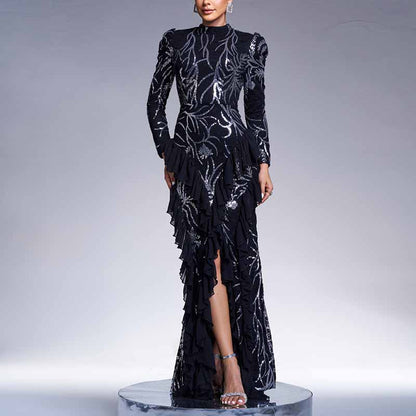 Women Sparkly Black Sequined Long Sleeve Prom Dress Ball Gowns