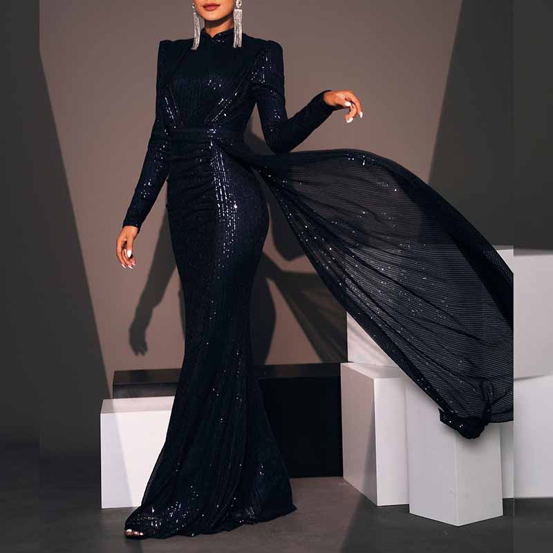 Long Sleeve Sequin Mermaid Dress Black Sparkly Prom Dress