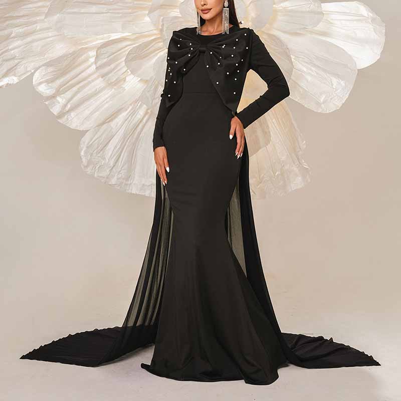 Long Sleeve Black Prom Dress Bow Embellished Evening Gown Event Dress