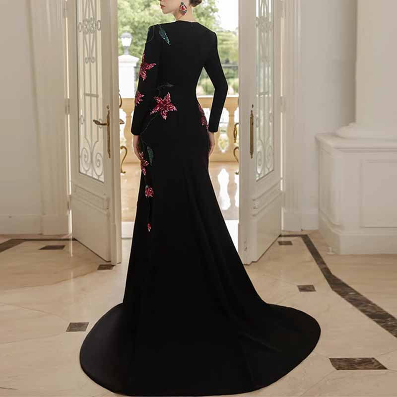 Boat Neck Sequin Floral Applique Long-Sleeve Black Gown