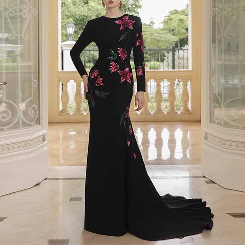 Boat Neck Sequin Floral Applique Long-Sleeve Black Gown