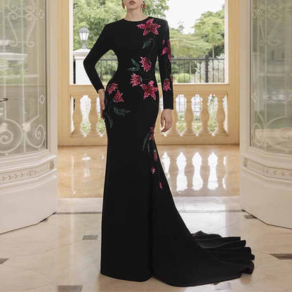 Boat Neck Sequin Floral Applique Long-Sleeve Black Gown