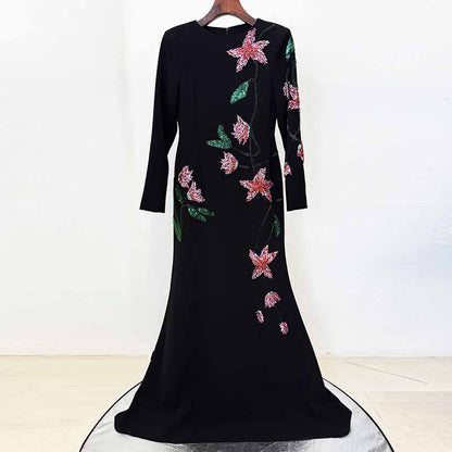 Boat Neck Sequin Floral Applique Long-Sleeve Black Gown