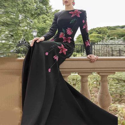 Boat Neck Sequin Floral Applique Long-Sleeve Black Gown