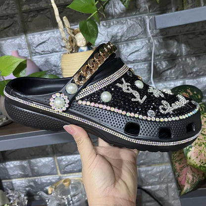 Custom Rhinestone Beads Clog Shoes Blinged Crocs Shoes Closed Toe Slip On Mules