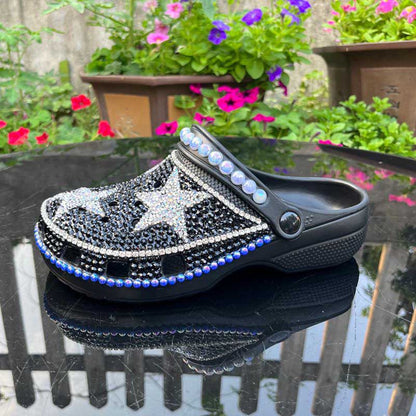Womens Closed Toe Clog Shoes Rhinestone Beads Mules Black Slip on Sandals