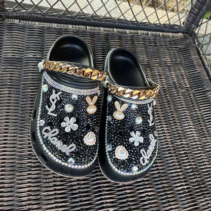 Custom Rhinestone Beads Clog Shoes Blinged Crocs Shoes Closed Toe Slip On Mules