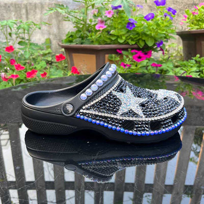 Womens Closed Toe Clog Shoes Rhinestone Beads Mules Black Slip on Sandals