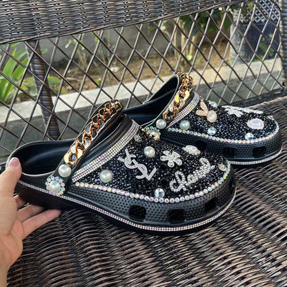Custom Rhinestone Beads Clog Shoes Blinged Crocs Shoes Closed Toe Slip On Mules