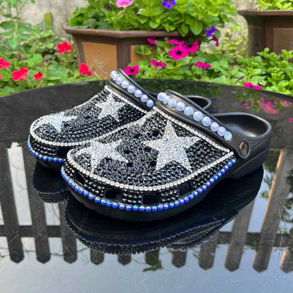 Womens Closed Toe Clog Shoes Rhinestone Beads Mules Black Slip on Sandals