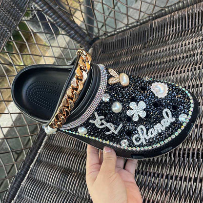 Custom Rhinestone Beads Clog Shoes Blinged Crocs Shoes Closed Toe Slip On Mules